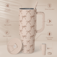 Bow Tumbler with Handle and Straw 40oz – Stainless Sleel Slider Tumbler Travel Coffee Mug for Women - Gift Idea for Birthday Christmas