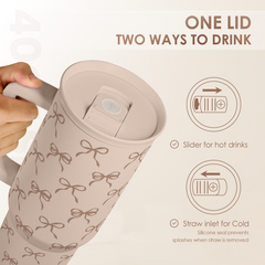 Bow Tumbler with Handle and Straw 40oz – Stainless Sleel Slider Tumbler Travel Coffee Mug for Women - Gift Idea for Birthday Christmas