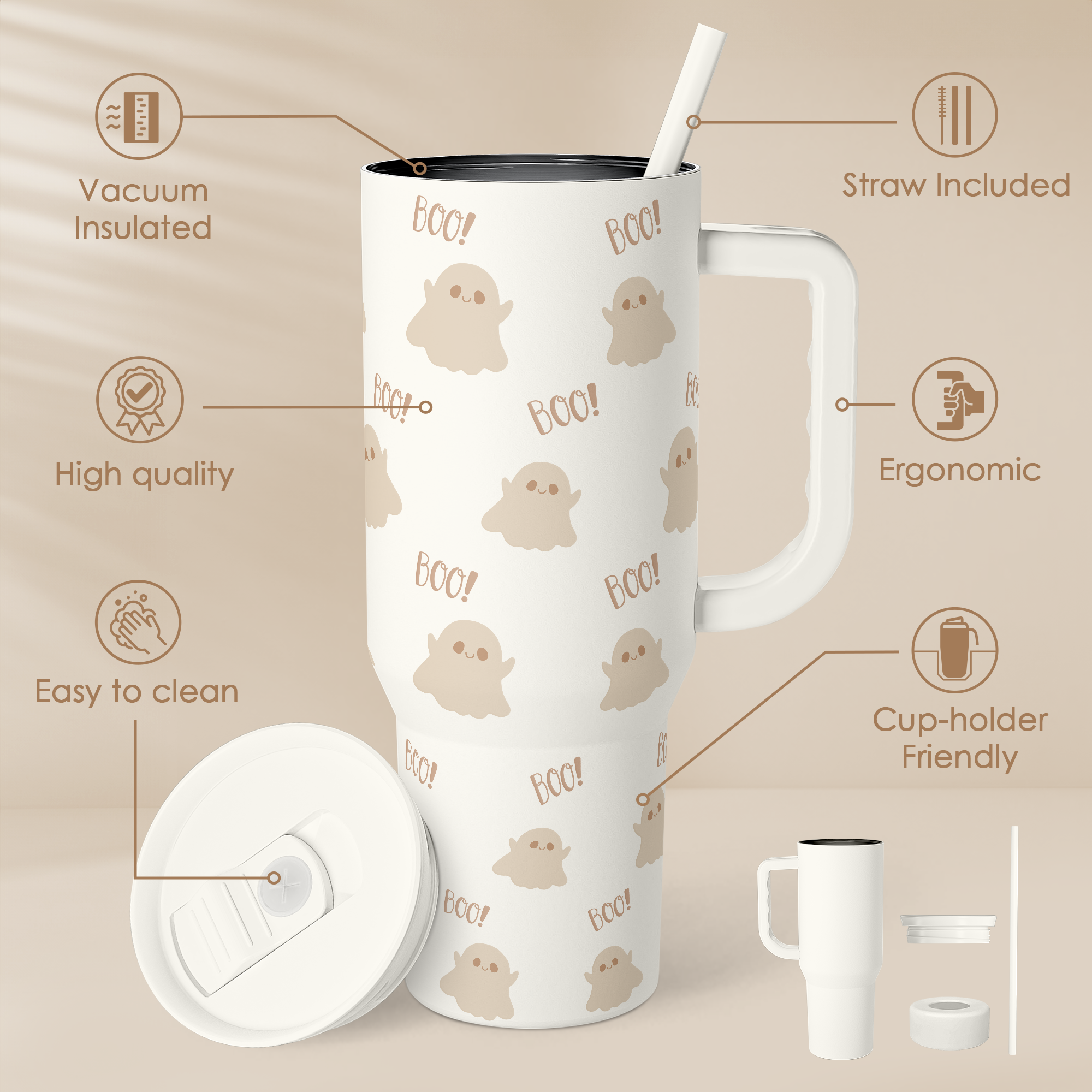 Boo Tumbler with Handle and Straw 40oz – Stainless Sleel Slider Tumbler Travel Coffee Mug for Women - Gift Idea for Fall Autumn Halloween Christmas
