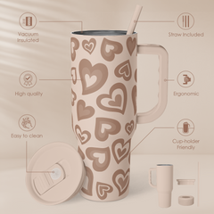 Heart Tumbler with Handle and Straw 40oz – Stainless Sleel Slider Tumbler Travel Coffee Mug for Women - Gift Idea for Birthday Christmas Valentine's Day