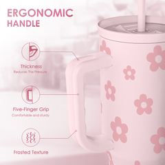 Floral Tumbler with Handle and Straw 40oz Stainless Sleel Slider Tumbler Travel Coffee Mug for Women - Gift Idea for Birthday Christmas