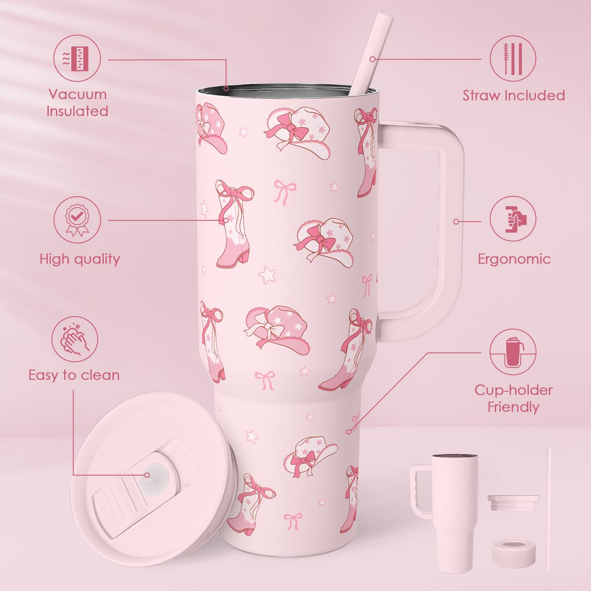 Vacuum insulated tumbler with pink designs on a pink background