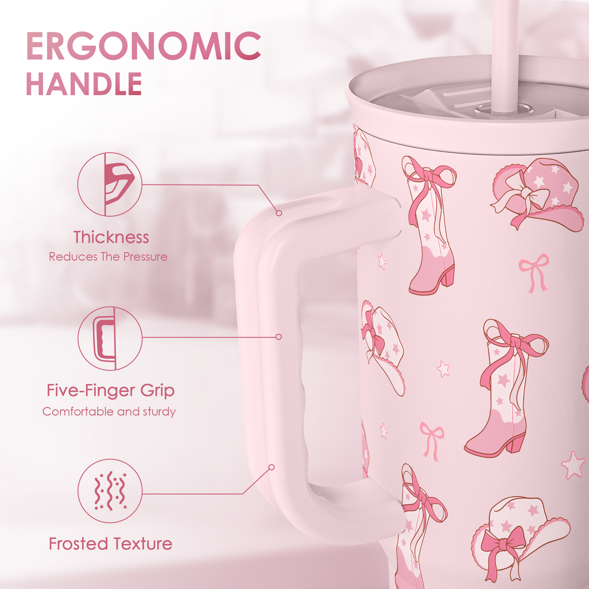Pink mug with boot and bow pattern and ergonomic handle features