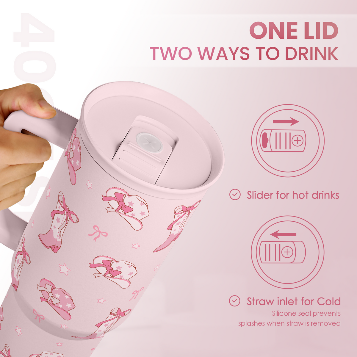 Pink mug with lid featuring a slider for hot drinks and straw inlet for cold drinks, on a white background.