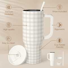 Grey Gingham 40oz Slider Tumbler with Handle and Straw - Insulated Stainless Steel Travel Coffee Mug for Women Girls, Gift for Birthday, Christmas