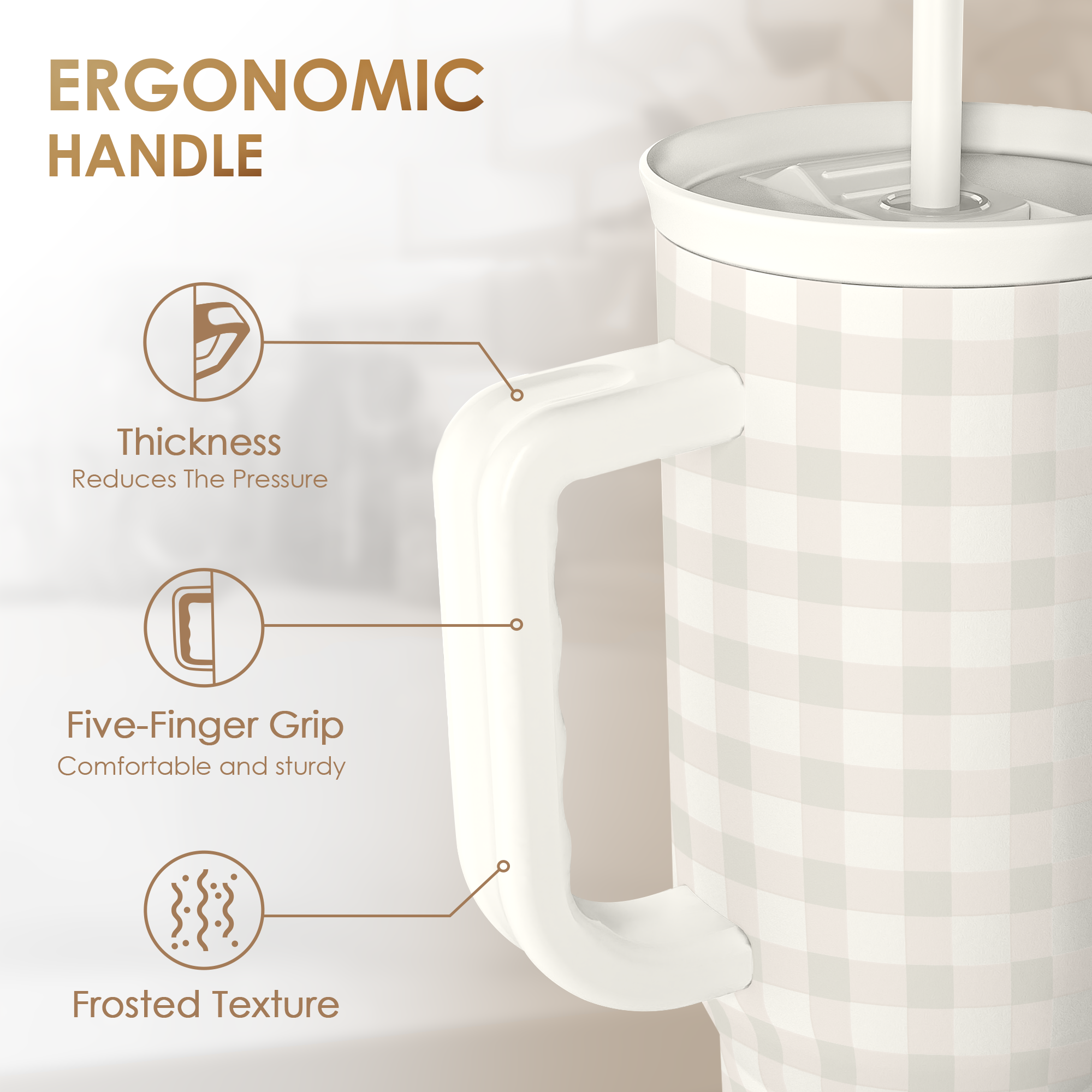Grey Gingham 40oz Slider Tumbler with Handle and Straw - Insulated Stainless Steel Travel Coffee Mug for Women Girls, Gift for Birthday, Christmas