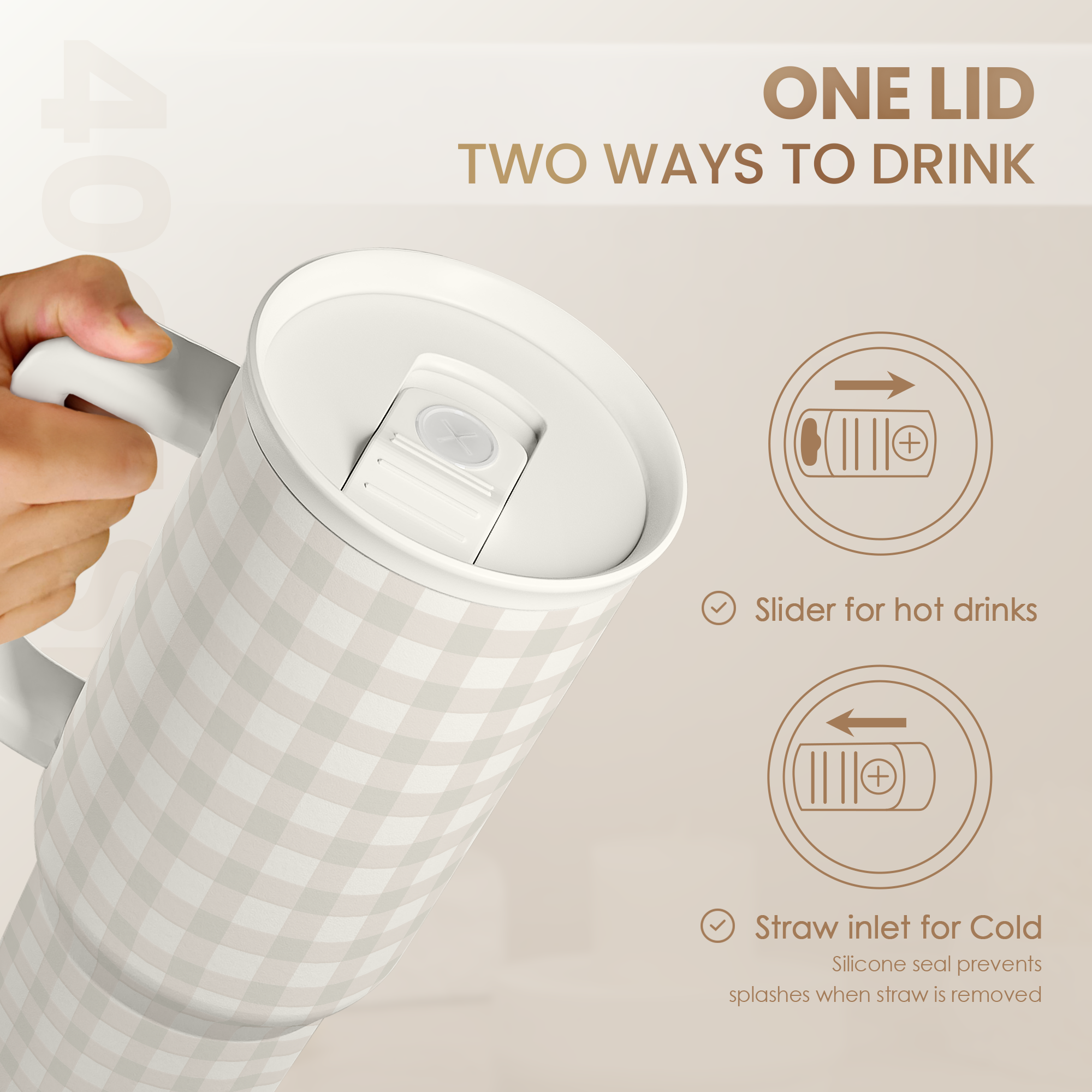 Grey Gingham 40oz Slider Tumbler with Handle and Straw - Insulated Stainless Steel Travel Coffee Mug for Women Girls, Gift for Birthday, Christmas