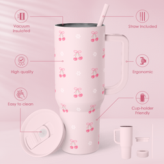 Cherry 40oz Slider Tumbler with Handle and Straw - Insulated Stainless Steel Travel Coffee Mug for Women Girls, Gift for Birthday Christmas