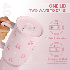 Cherry 40oz Slider Tumbler with Handle and Straw - Insulated Stainless Steel Travel Coffee Mug for Women Girls, Gift for Birthday Christmas