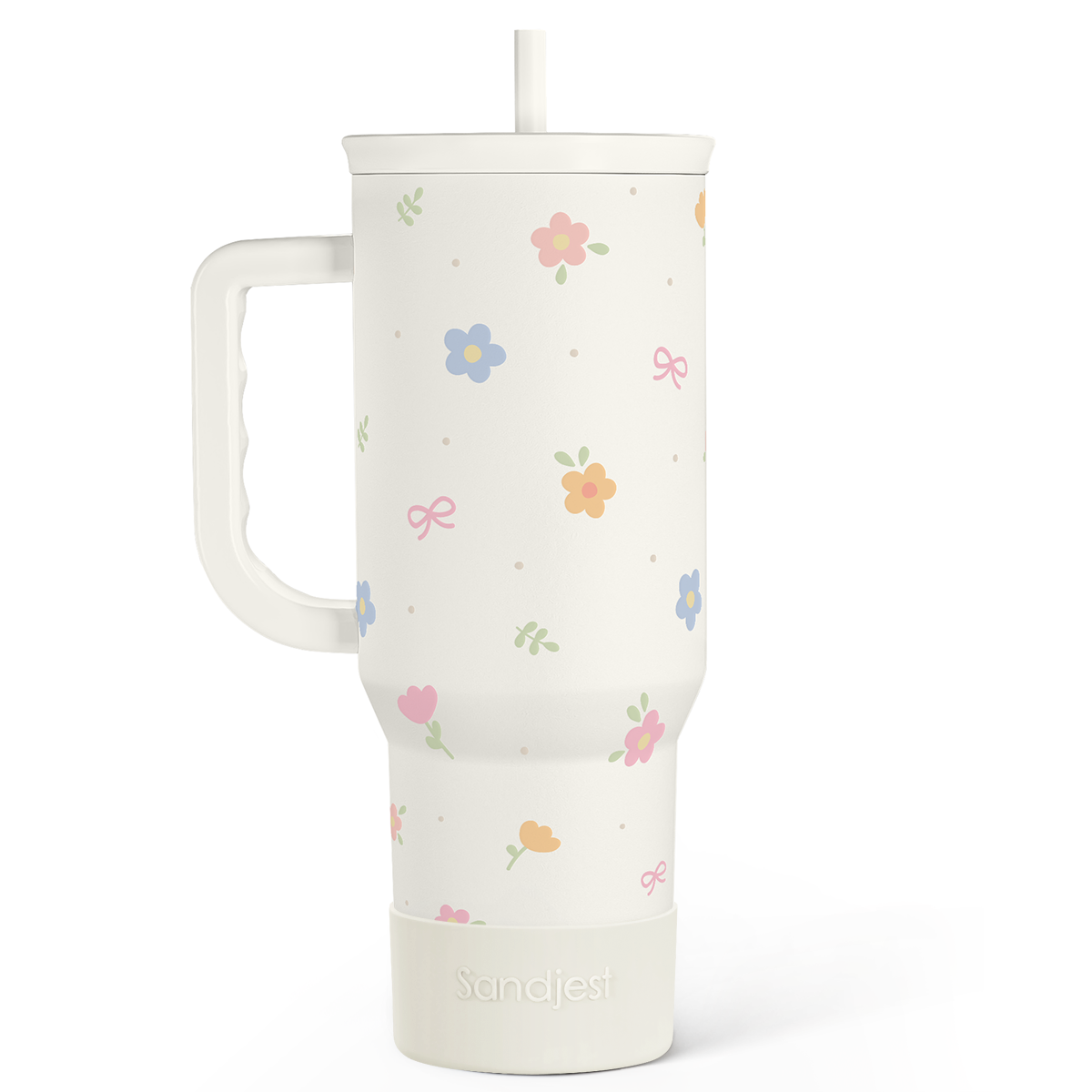 White mug with floral patterns on a white background