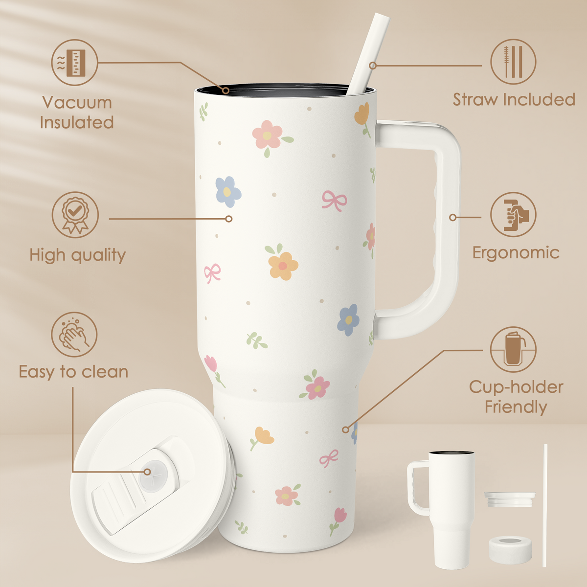 White tumbler with floral patterns on a beige background, featuring various icons and text about product features.
