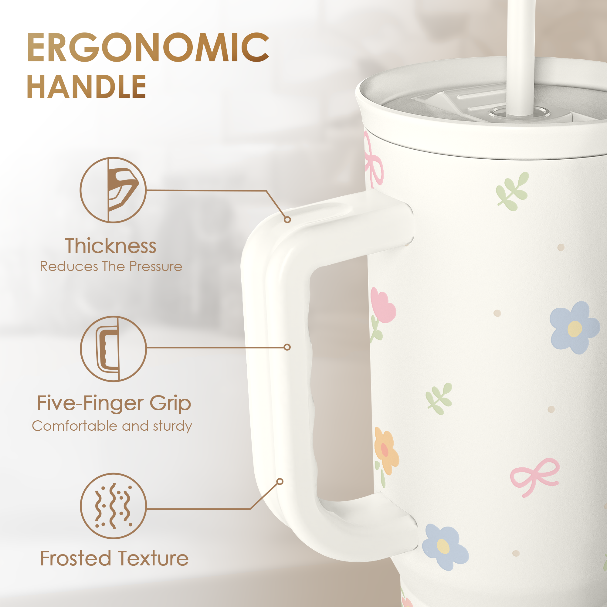 Mug with floral design and ergonomic handle features on a light background