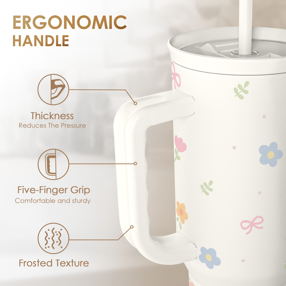 Mug with floral design and ergonomic handle features on a light background