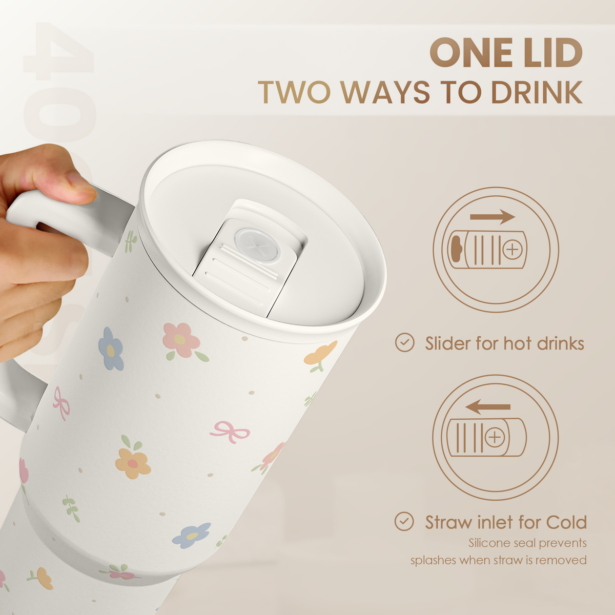 White floral-patterned cup with a lid, showing two drinking methods on a beige background.