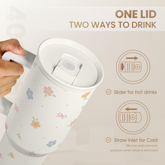 White floral-patterned cup with a lid, showing two drinking methods on a beige background.