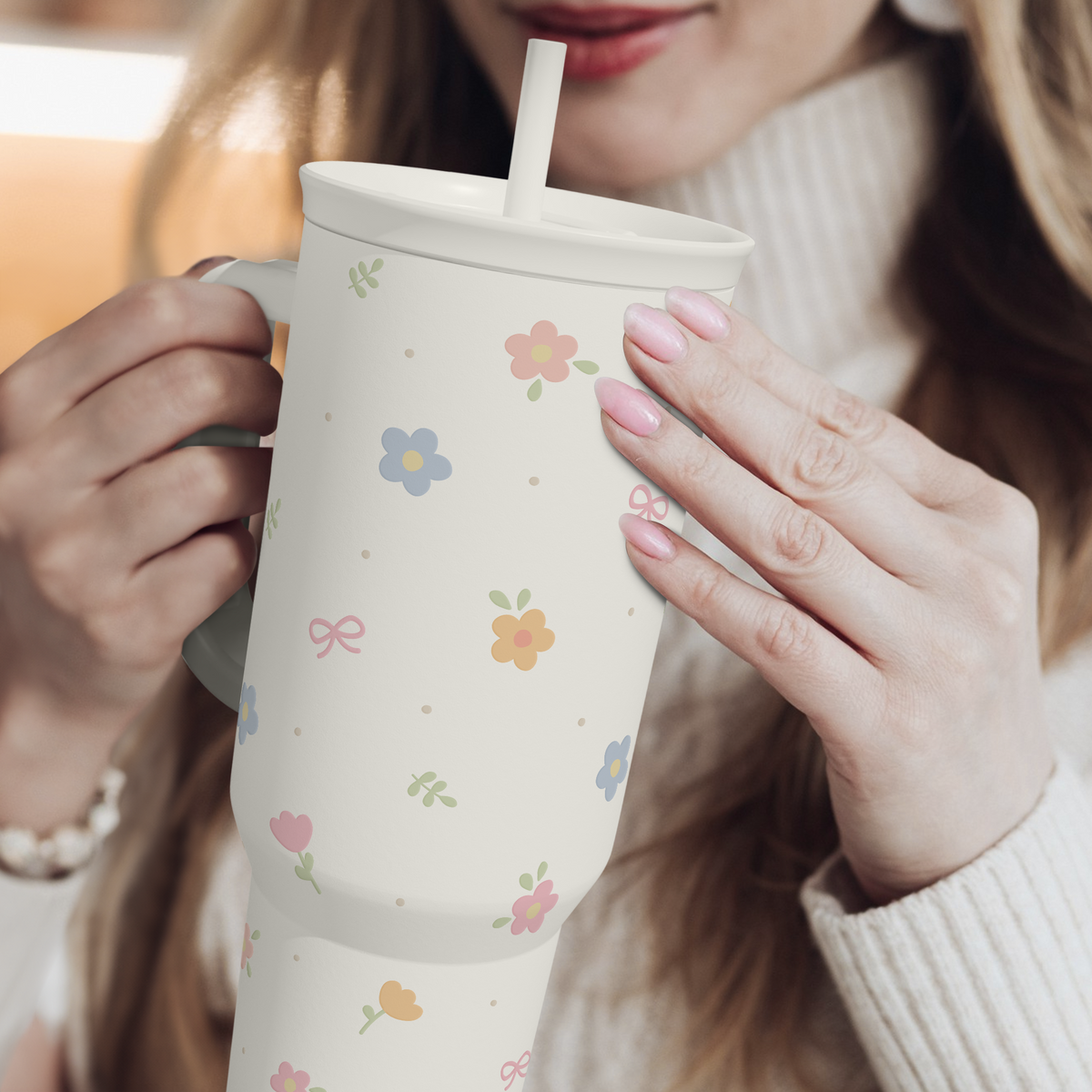 Person holding a floral-patterned mug with a straw