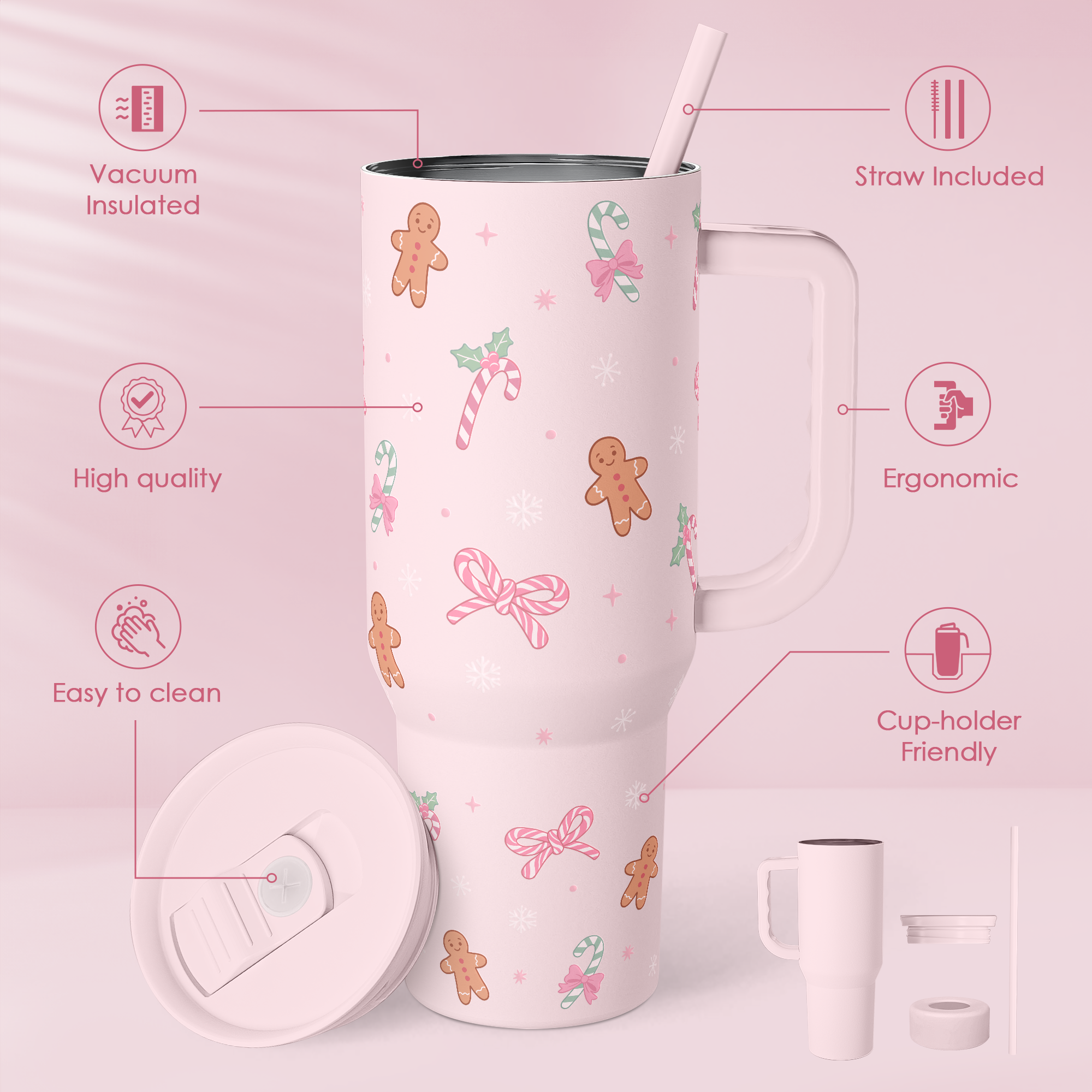 Christmas Theme 40oz Slider Tumbler with Handle and Straw - Insulated Stainless Steel Travel Coffee Mug for Women Girls, Gift for Birthday Xmas