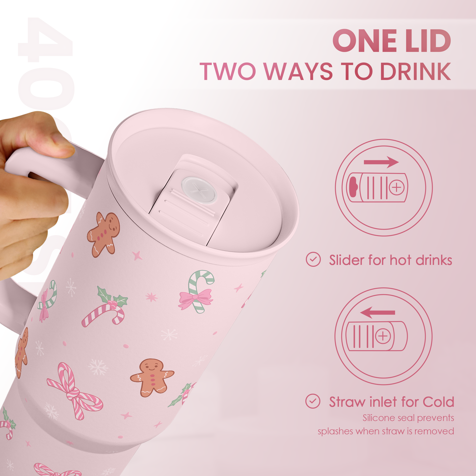 Christmas Theme 40oz Slider Tumbler with Handle and Straw - Insulated Stainless Steel Travel Coffee Mug for Women Girls, Gift for Birthday Xmas