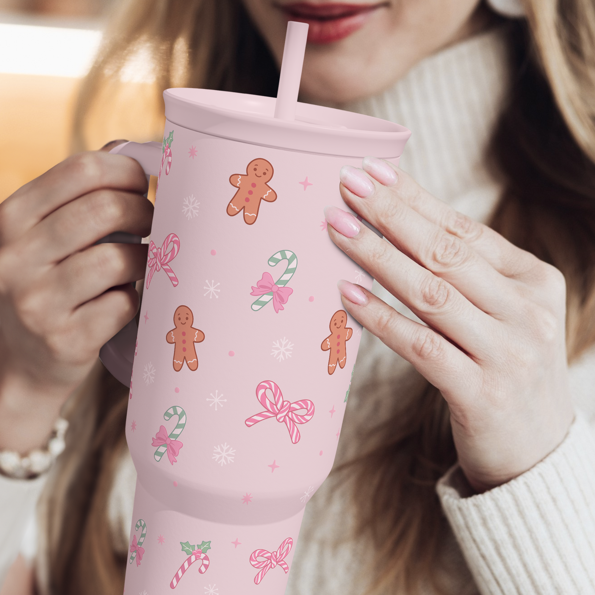 Christmas Theme 40oz Slider Tumbler with Handle and Straw - Insulated Stainless Steel Travel Coffee Mug for Women Girls, Gift for Birthday Xmas