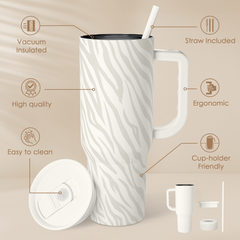 Zebra Skin 40oz Slider Tumbler with Handle and Straw - Insulated Stainless Steel Travel Coffee Mug for Women Girls, Gift for Birthday, Christmas
