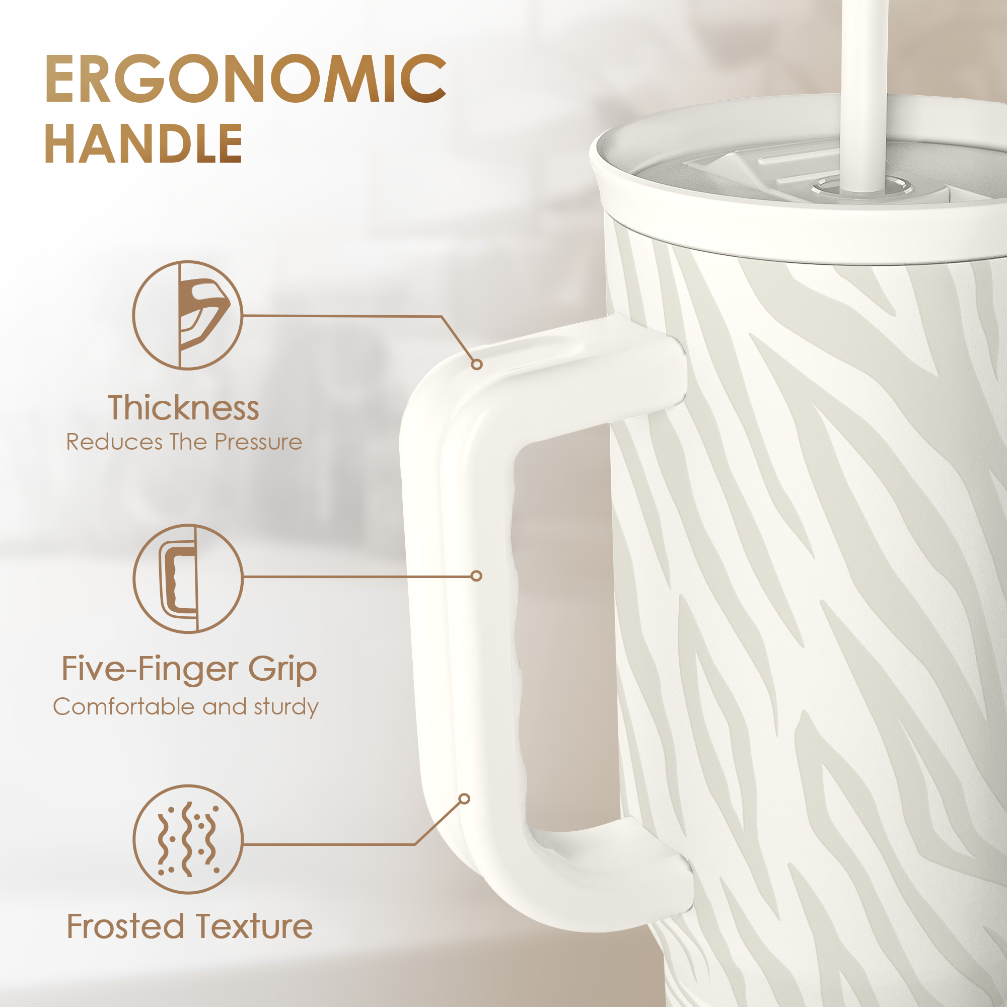 Zebra Skin 40oz Slider Tumbler with Handle and Straw - Insulated Stainless Steel Travel Coffee Mug for Women Girls, Gift for Birthday, Christmas