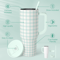 Mint Gingham 40oz Slider Tumbler with Handle and Straw - Insulated Stainless Steel Travel Coffee Mug for Women Girls, Gift for Birthday, Christmas