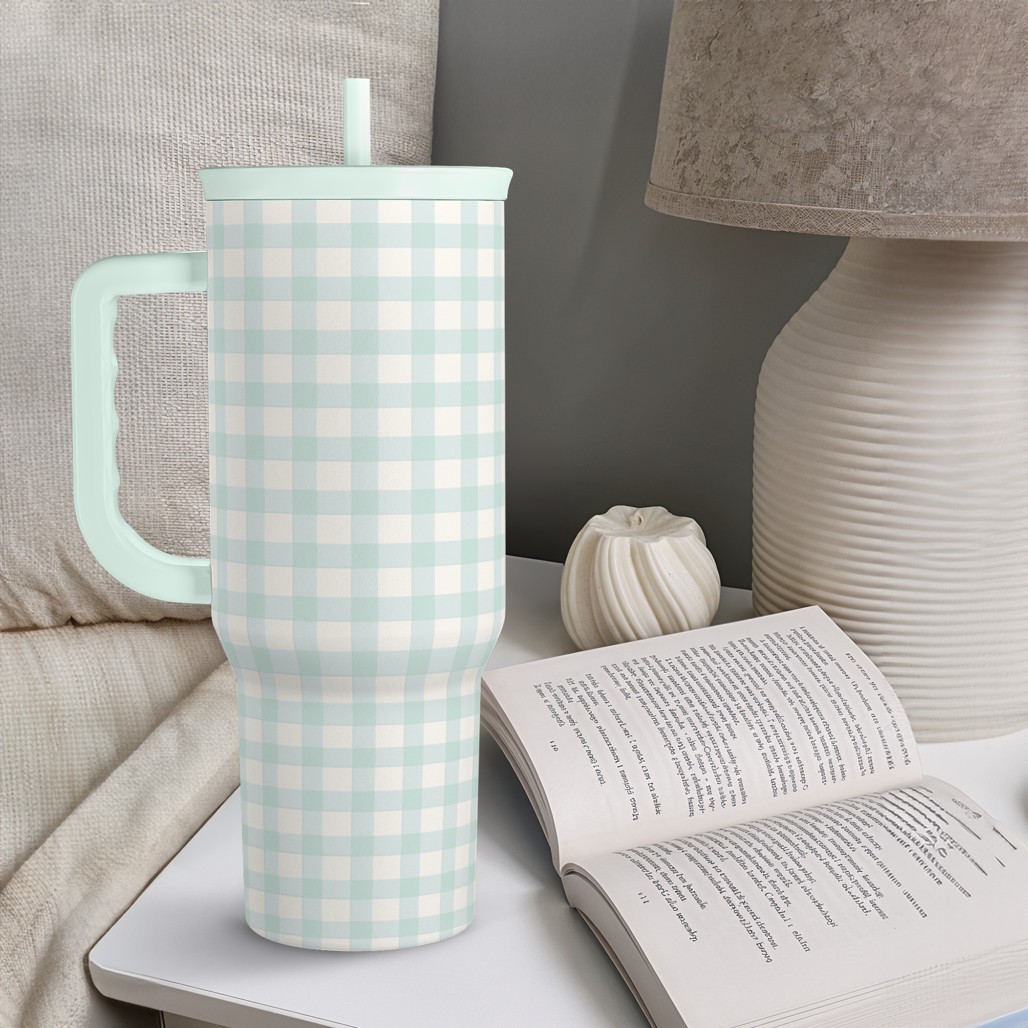Mint Gingham 40oz Slider Tumbler with Handle and Straw - Insulated Stainless Steel Travel Coffee Mug for Women Girls, Gift for Birthday, Christmas