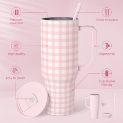 Pink Gingham 40oz Slider Tumbler with Handle and Straw - Insulated Stainless Steel Travel Coffee Mug for Women Girls, Gift for Birthday, Christmas