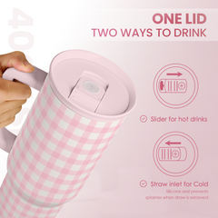 Pink Gingham 40oz Slider Tumbler with Handle and Straw - Insulated Stainless Steel Travel Coffee Mug for Women Girls, Gift for Birthday, Christmas