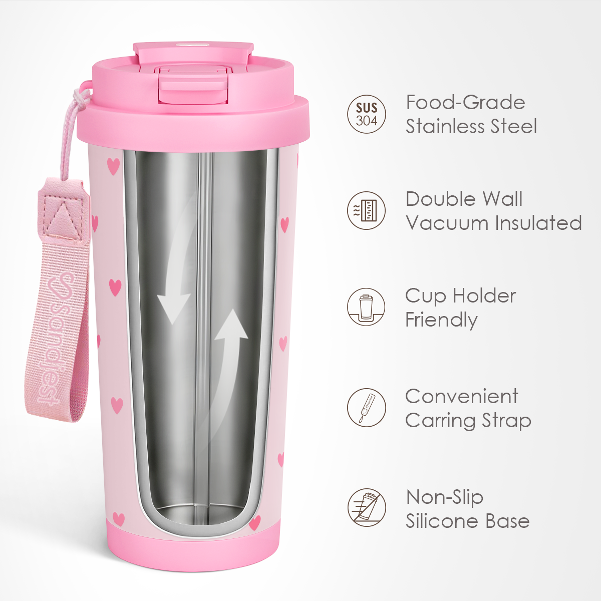 CaféMate 18oz Coffee Tumbler | Pink Hearts