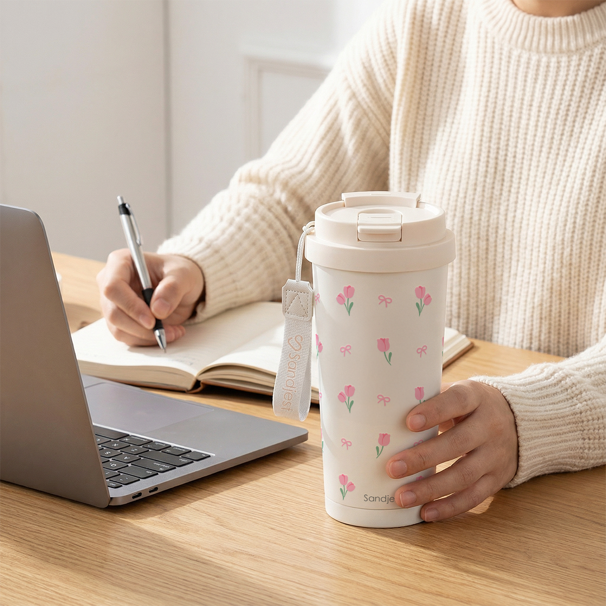CaféMate 18oz Coffee Tumbler | White Tulips
