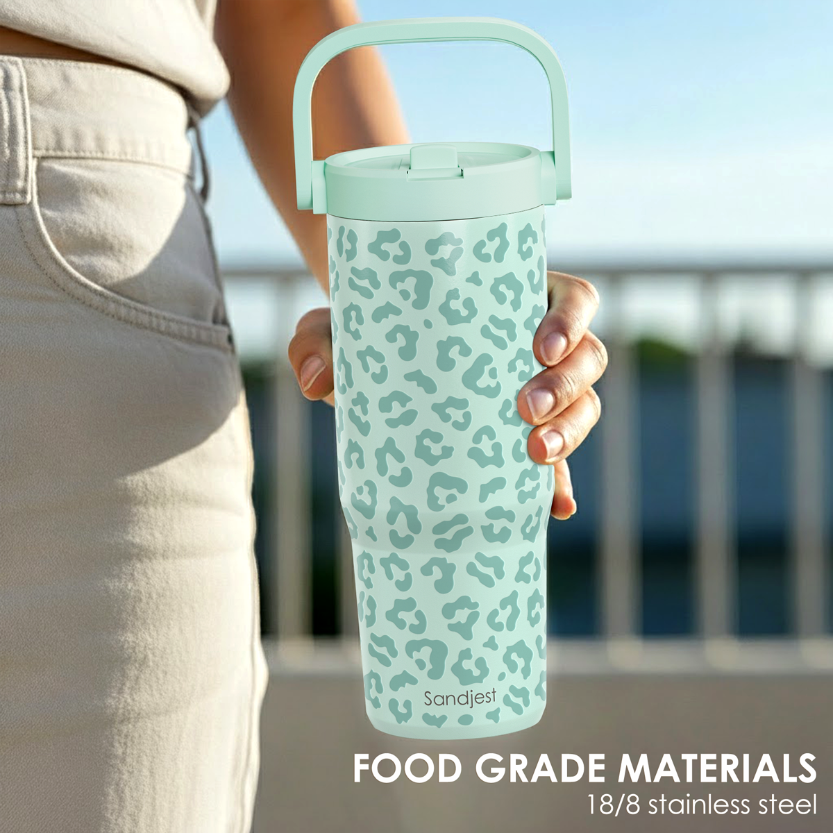 Mint Leopard TintFlip | Straw Lid Tumbler with Carry Handle 30oz