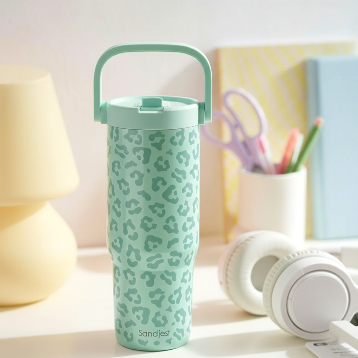 Mint Leopard TintFlip | Straw Lid Tumbler with Carry Handle 30oz