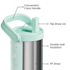 Daisy Stainless Steel Straw Lid Tumbler 30oz with Carry Handle for Women Girls, Insulated Travel Coffee Cup, Gift for Sports Outdoor Workout Christmas Birthday (Mint)