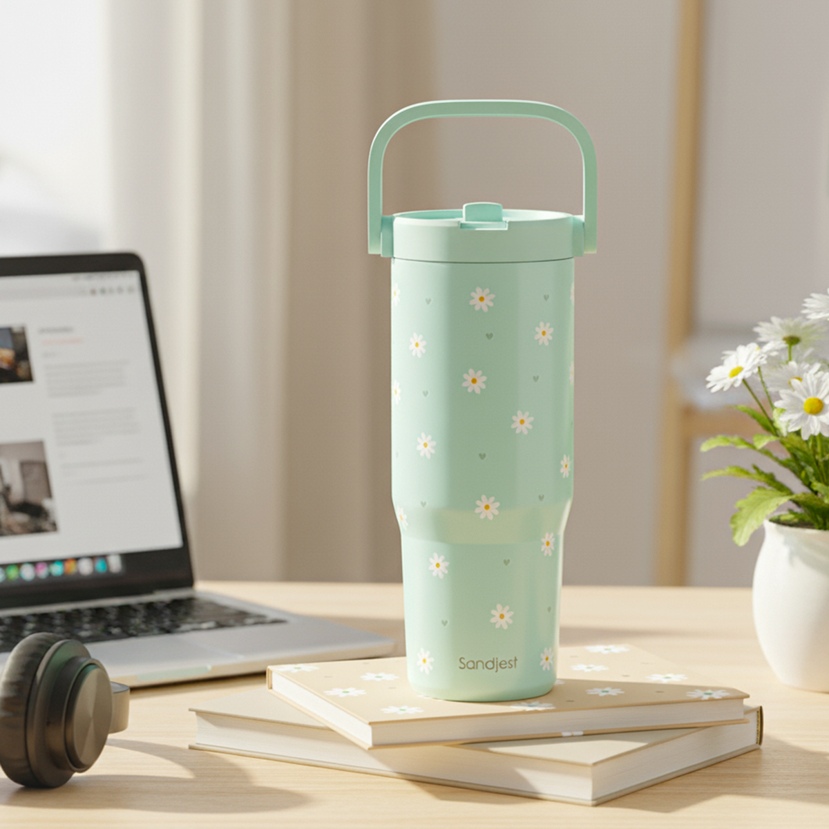 Daisy Stainless Steel Straw Lid Tumbler 30oz with Carry Handle for Women Girls, Insulated Travel Coffee Cup, Gift for Sports Outdoor Workout Christmas Birthday (Mint)
