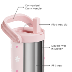 Daisy Stainless Steel Straw Lid Tumbler 30oz with Carry Handle for Women Girls, Insulated Travel Coffee Cup, Gift for Sports Outdoor Workout Christmas Birthday (Pink)