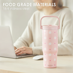 Daisy Stainless Steel Straw Lid Tumbler 30oz with Carry Handle for Women Girls, Insulated Travel Coffee Cup, Gift for Sports Outdoor Workout Christmas Birthday (Pink)
