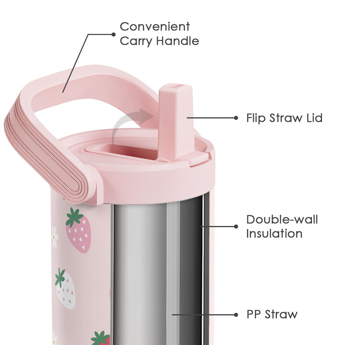 Strawberry Stainless Steel Straw Lid Tumbler 30oz with Carry Handle for Women Girls, Insulated Travel Coffee Cup, Gift for Sports Workout Christmas Birthday