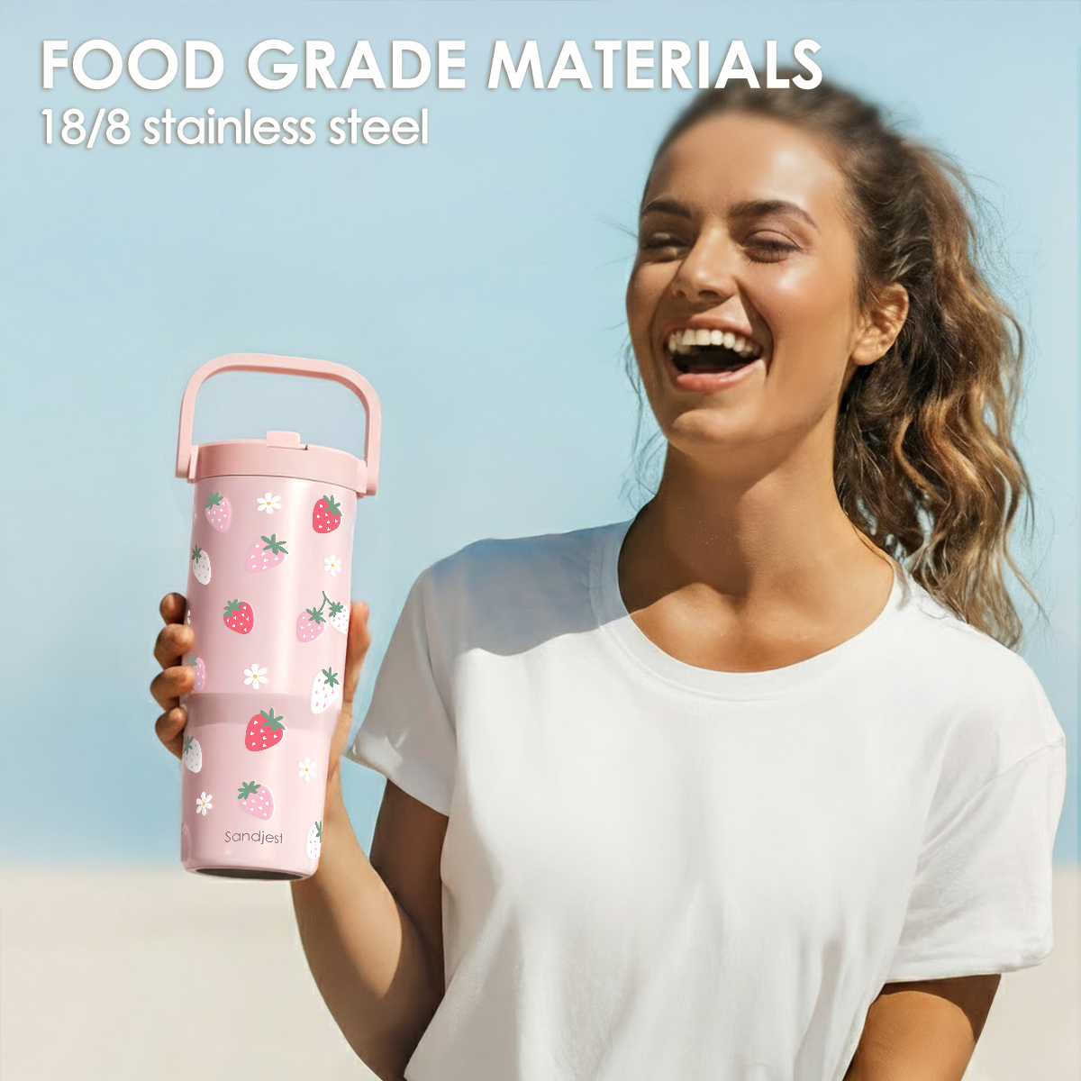 Strawberry Stainless Steel Straw Lid Tumbler 30oz with Carry Handle for Women Girls, Insulated Travel Coffee Cup, Gift for Sports Workout Christmas Birthday