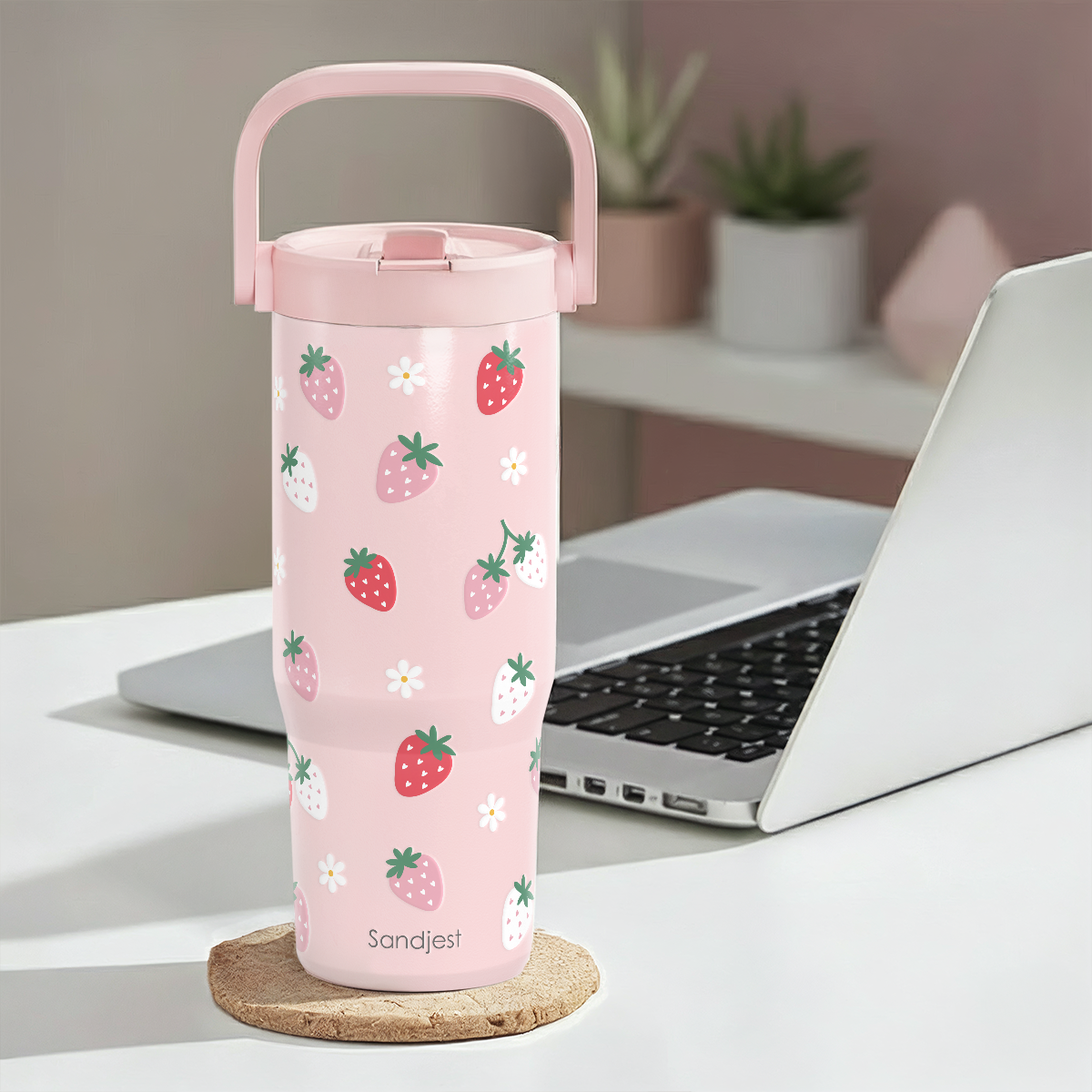 Strawberry Stainless Steel Straw Lid Tumbler 30oz with Carry Handle for Women Girls, Insulated Travel Coffee Cup, Gift for Sports Workout Christmas Birthday