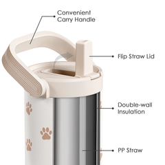 Paw Prints Stainless Steel Straw Lid Tumbler 30oz with Carry Handle for Women Girls Pet Lover Dog Mom Cat Mom, Insulated Travel Coffee Cup, Gift for Sports Workout Christmas Birthday