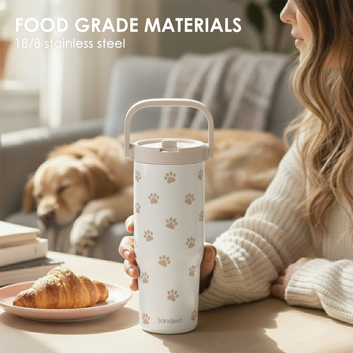 Paw Prints Stainless Steel Straw Lid Tumbler 30oz with Carry Handle for Women Girls Pet Lover Dog Mom Cat Mom, Insulated Travel Coffee Cup, Gift for Sports Workout Christmas Birthday