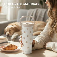 Paw Prints Stainless Steel Straw Lid Tumbler 30oz with Carry Handle for Women Girls Pet Lover Dog Mom Cat Mom, Insulated Travel Coffee Cup, Gift for Sports Workout Christmas Birthday