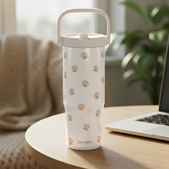 Paw Prints Stainless Steel Straw Lid Tumbler 30oz with Carry Handle for Women Girls Pet Lover Dog Mom Cat Mom, Insulated Travel Coffee Cup, Gift for Sports Workout Christmas Birthday