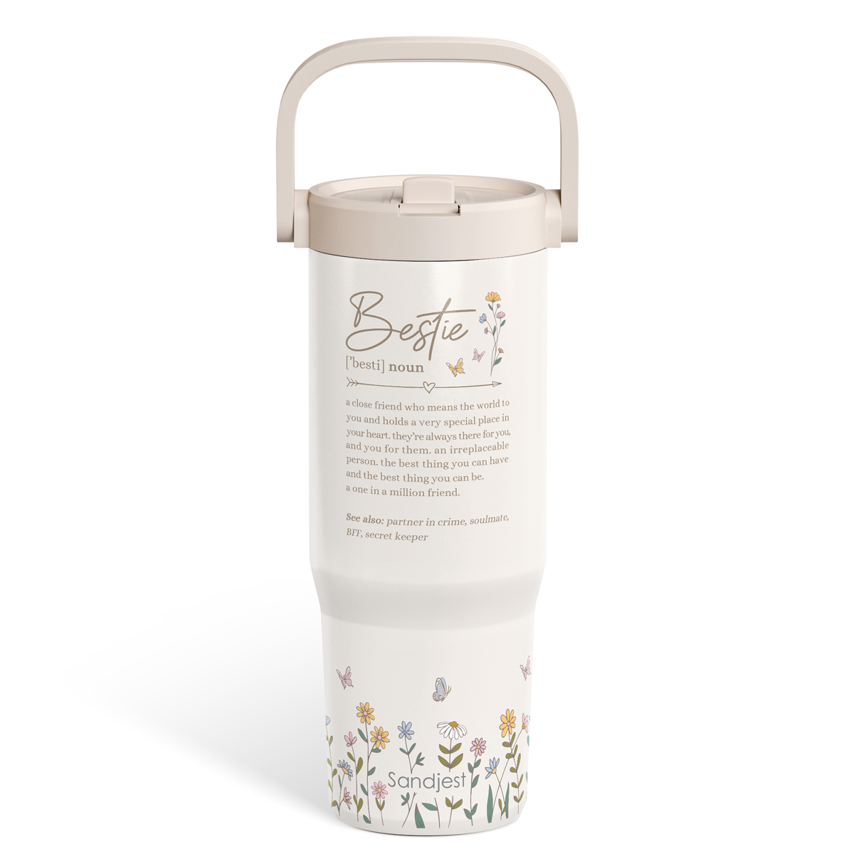 Tumbler with floral design and text on a white background