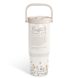 Tumbler with floral design and text on a white background