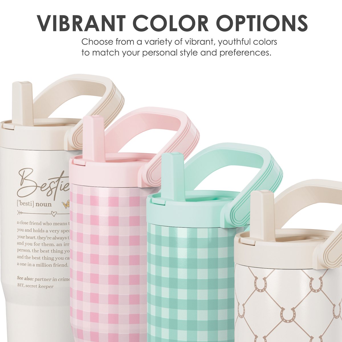 Four colorful water bottles with different designs on a white background