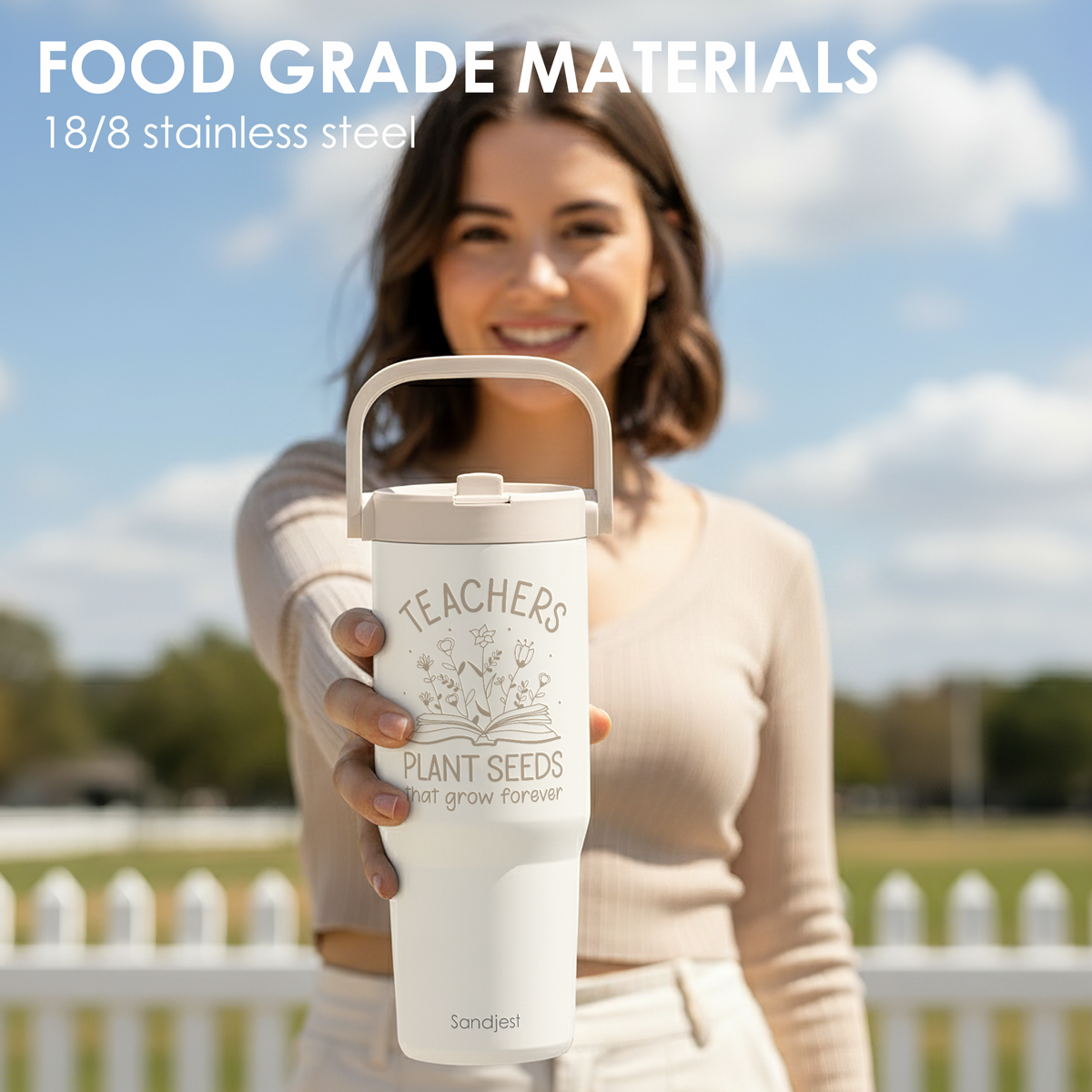 Teacher Stainless Steel Straw Lid Tumbler 30oz with Carry Handle for Women Girls, Insulated Travel Coffee Cup, Gift for Sports Workout Christmas Birthday Teacher's Day
