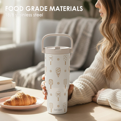 Pickleball Stainless Steel Straw Lid Tumbler 30oz with Carry Handle for Women Girls, Insulated Travel Coffee Cup, Gift for Sports Outdoor Workout Christmas Birthday (Beige)