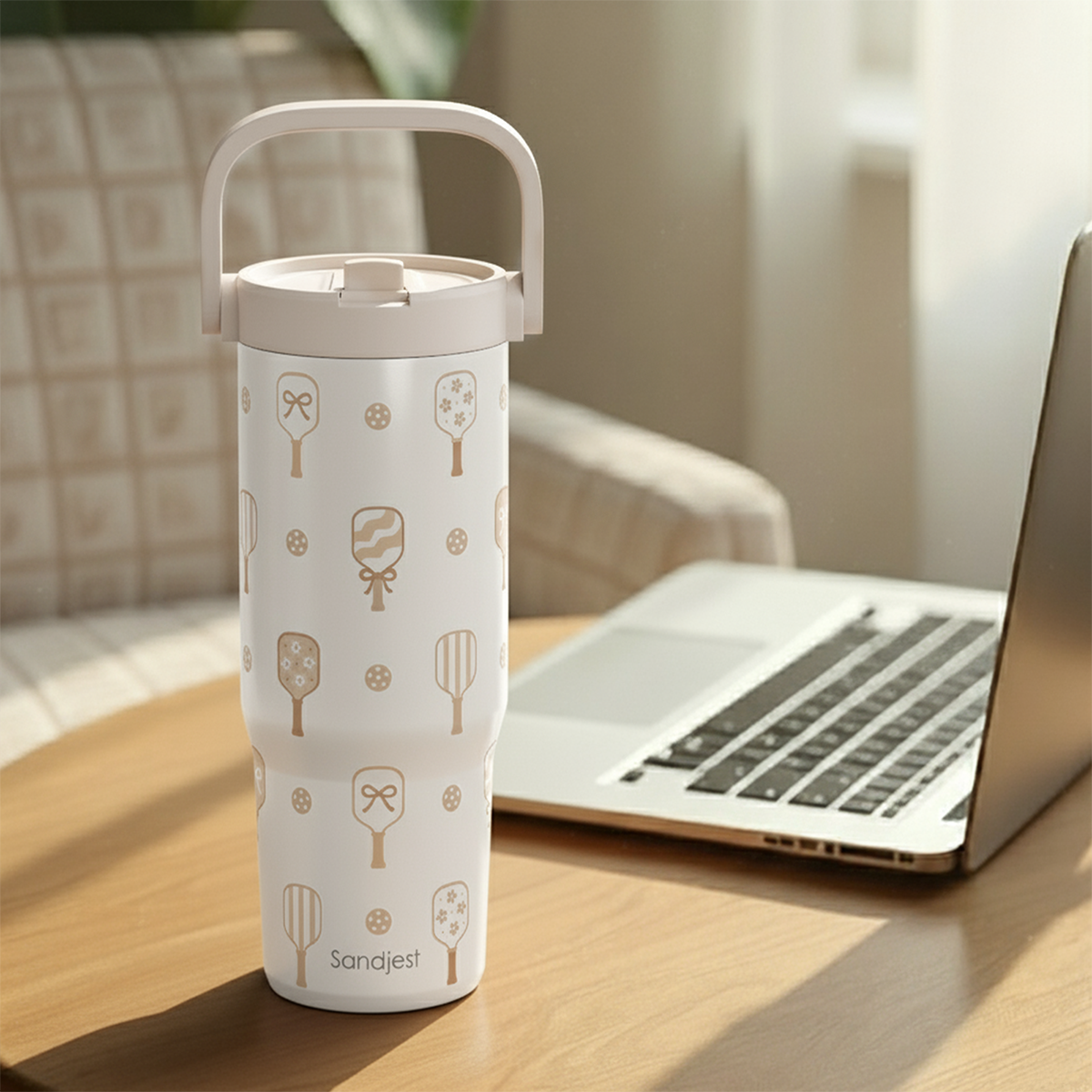 Pickleball Stainless Steel Straw Lid Tumbler 30oz with Carry Handle for Women Girls, Insulated Travel Coffee Cup, Gift for Sports Outdoor Workout Christmas Birthday (Beige)